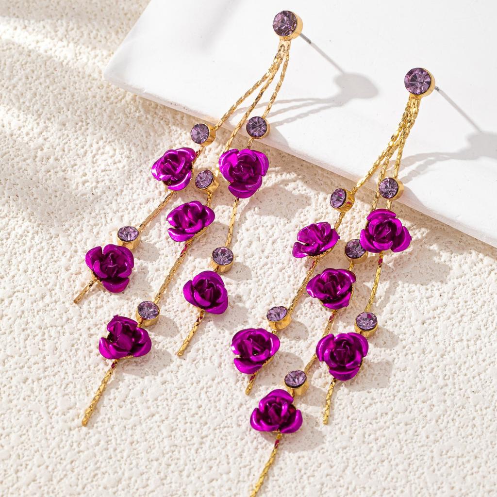 New Red Rose Earrings Korean Temperament Long Fringed Earrings Super Fairy Face Thin Earrings