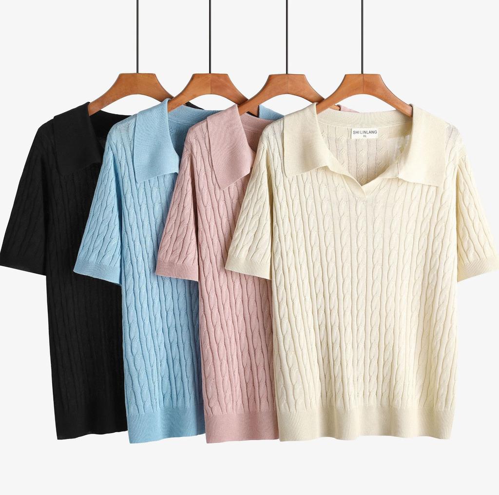 Retro style large size women's knitted sweater half-open chest POLO shirt twist knitted short-sleeved top, Europe and America 100kg