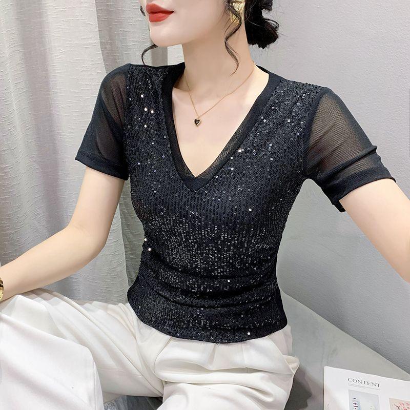 Summer New Fashion Sequin V-neck T-shirt for Women Short-sleeved Sexy Mesh Top Slim and Half-sleeved