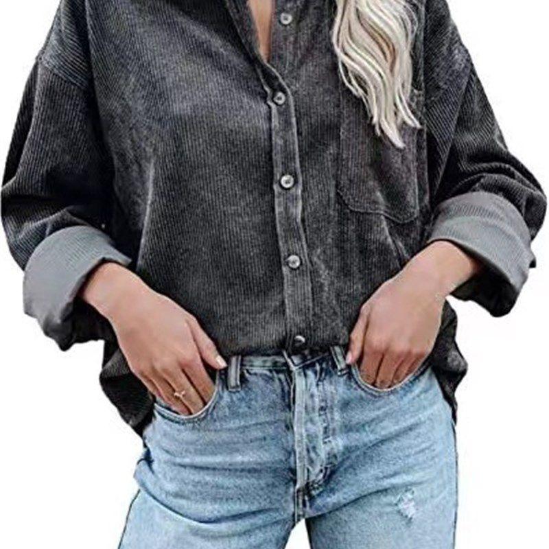 

Women s Women s Corduroy Casual Loose Pocket Long Sleeve Shi Dark gray M