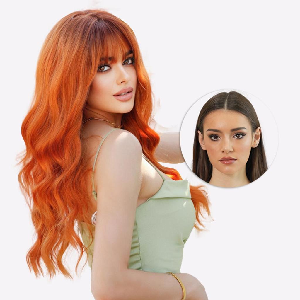 Vibrant Orange Ginger Wig - 26" Heat Resistant Loose Waves with Blunt Bangs, Platinum & Pink Balayage Synthetic Hair for Cosplay & Parties