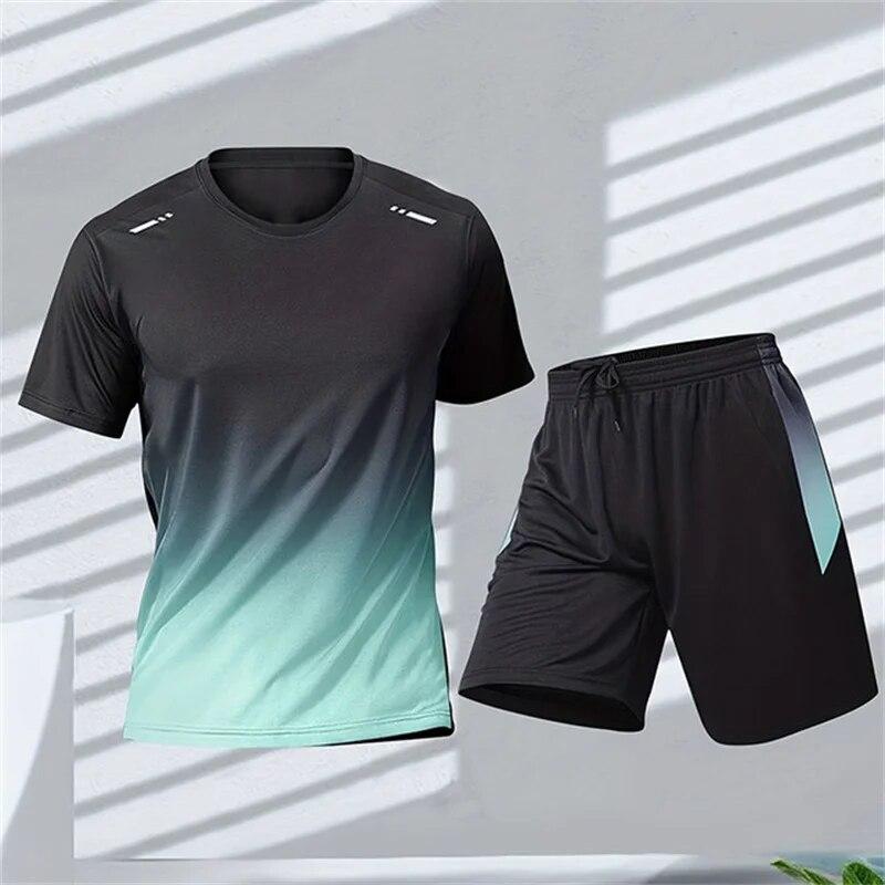 Sommer-Sportbekleidung für Herren, mit Farbverlauf bedruckt, Badminton-Set, Outdoor-Lauf-T-Shirt und Shorts, bequeme und atmungsaktive Kleidung