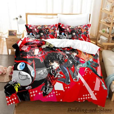 Spiel Persona 5 Bettwäsche-Set Cartoon Anime dreiteiliges Set Erwachsene Kind Schlafzimmer Bettdecken-Sets 3D Persönlichkeit Bett 2 Personen