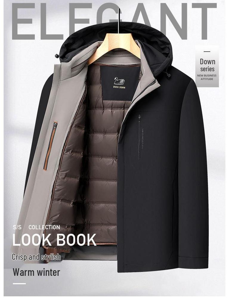 2025 Men's High-End Mid-Length Down Jacket with Detachable Liner - Cold-Proof and Casual for Autumn/Winter