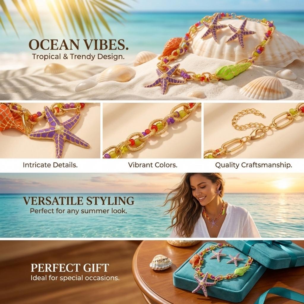 Exaggerated Enamel Starfish Conch Pendant Necklace Earrings Set For Women Men Boho Ocean Beach Sea Star Summer Party Jewelry Set