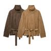 Dámská bunda ve vintage stylu s límcem stojáčkem z umělého semiše, úzký střih, ležérní svrchní oblečení v hnědé a khaki barvě