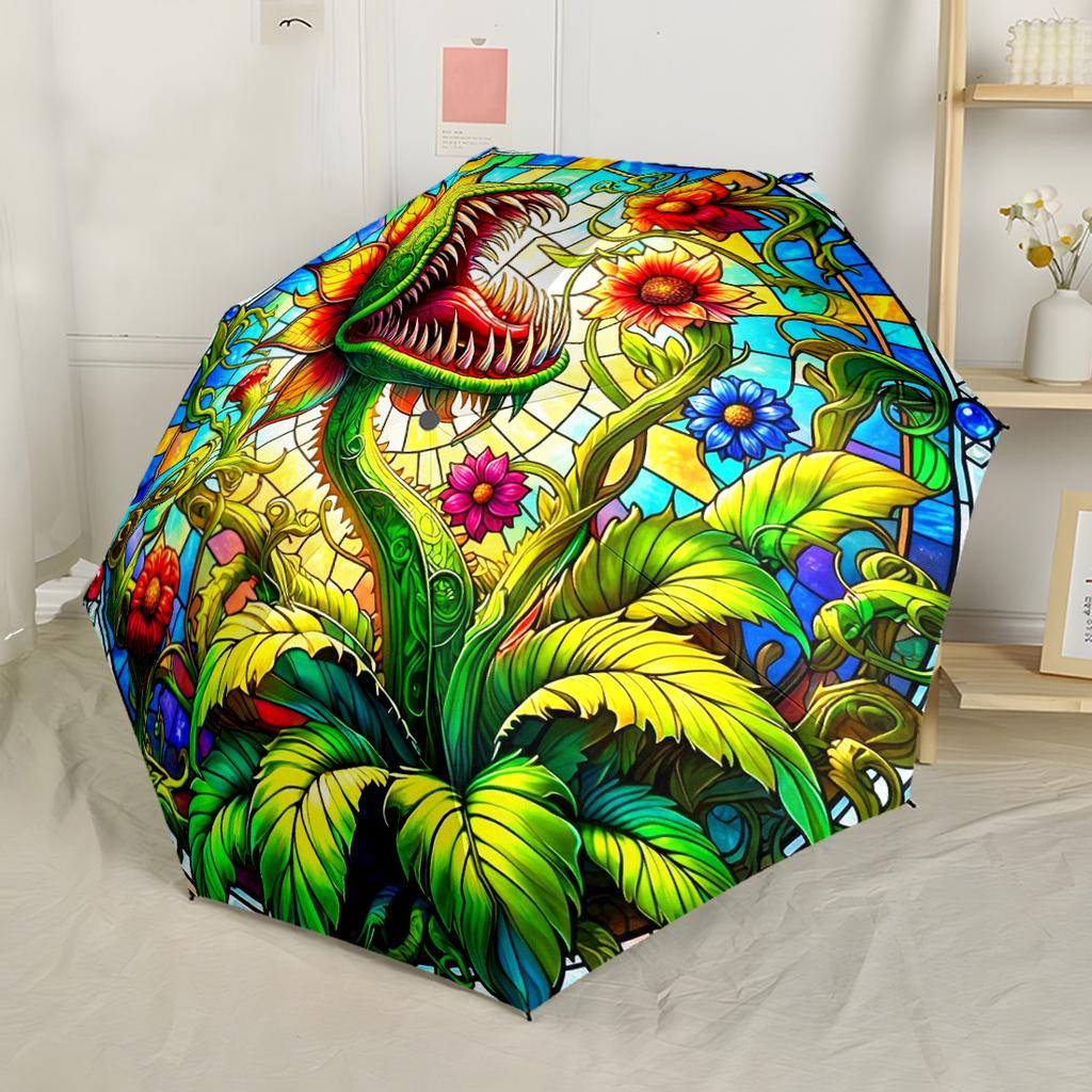 Stained Glass Carnivorous Plant Portable Automatic Umbrella Folding Umbrella with 8 Ribs Durable Plastic & Iron for Outdoor Daily Use