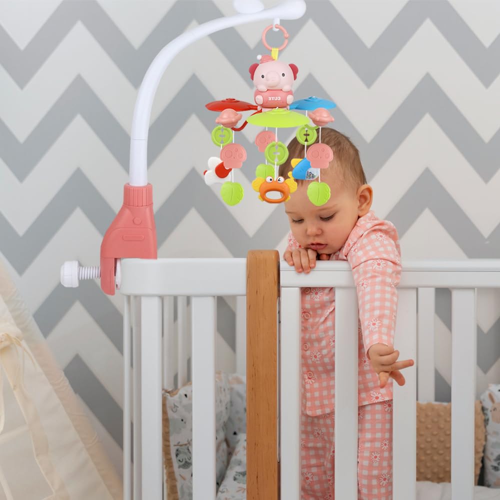 Baby-Spieluhr mit Projektor und Musik, Bluetooth, drehbare Spieluhr mit Lichtern, Klavierklängen, Lautstärkeregelung, Timer, 3 Montageoptionen, F