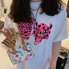 Cute Pink Leopard Printing Graphic Tops Summer Women Street Fashion T Shirts Short Sleeve Loose Funny Tops 90s Y2K