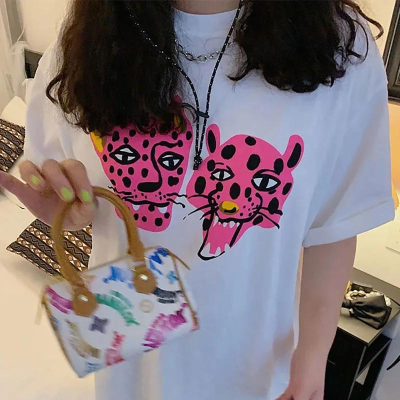 Cute Pink Leopard Printing Graphic Tops Summer Women Street Fashion T Shirts Short Sleeve Loose Funny Tops 90s Y2K