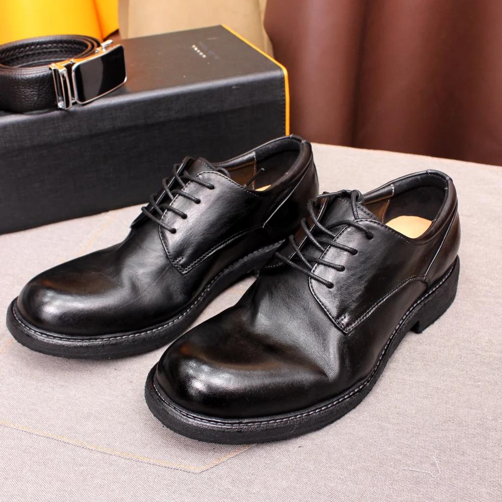 Fashion Men's Handmade Goodyear Sewn Derby Formal Shoes Soft Genuine Leather round Toe Comfortable Non-Slip Casual Shoes