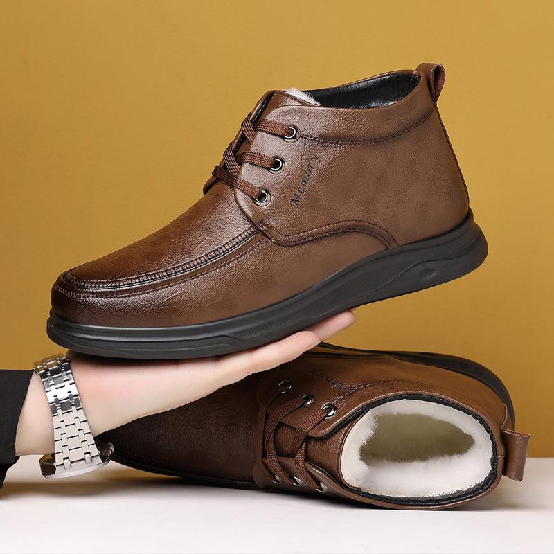 2025 Men's High-Top Leather Business Formal Casual Warm Cotton Shoes for Autumn/Winter