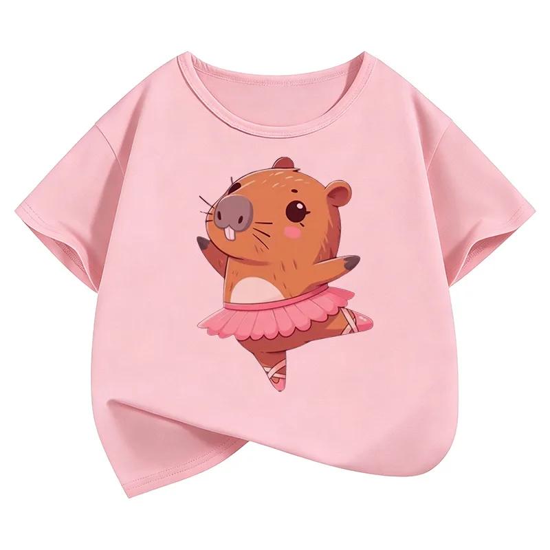 Kawaii Dacing Capybara Design T Shirts Manga Kids Children's T-shirt Short Sleeve Boys Girls Summer Spring Casual Top Tee Shirt