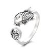 Adjustable Open Ring With Vintage Fortune Character Koi Fish Design Sterling Boho Retro Womens Statement Jewelry