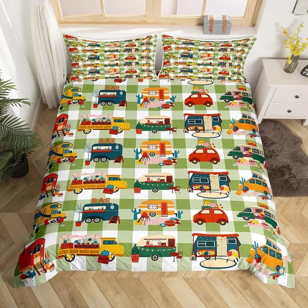 Truck Excavator Duvet Cover Set Queen Size for Kids Nursery Cartoon Tractor Engineering Vehicle Construction Theme Bedding Set