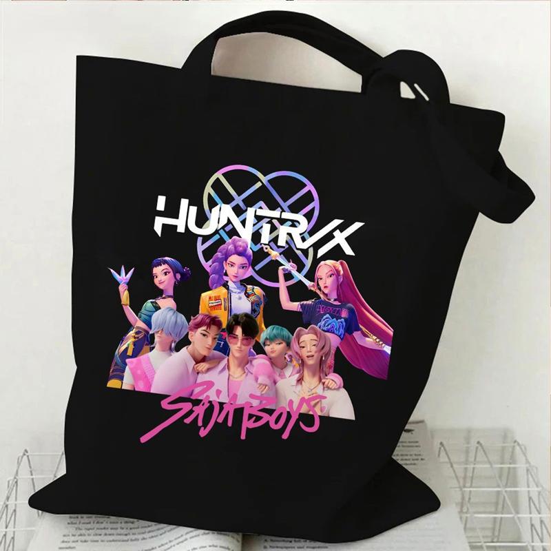 New Kpop Demon Hunters Black White Canvas Bag Saja Boys Anime Print Tote Bag Girls Trendy Lightweight Shoulder Bag