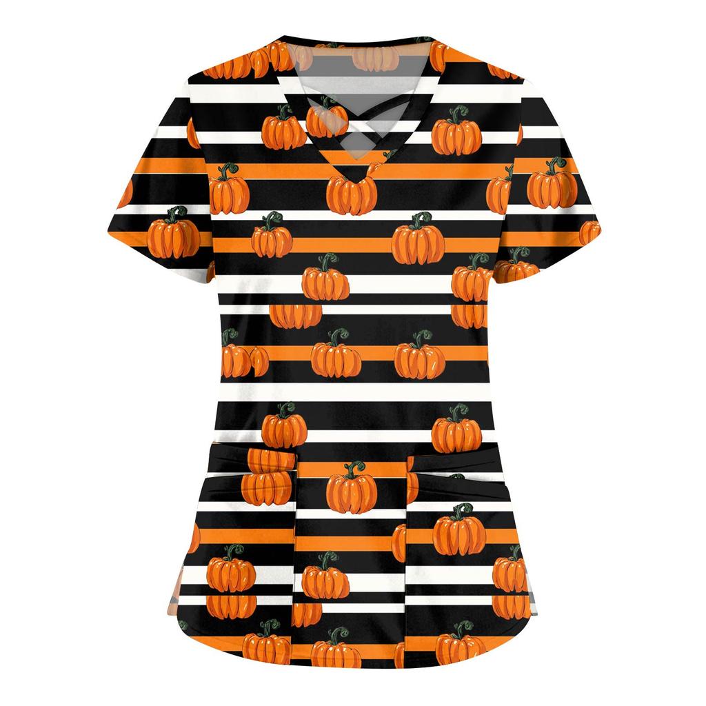 Women's Fashion  V-Neck Short Sleeve Overalls Double Pocket Halloween Printed Tops  Apparel