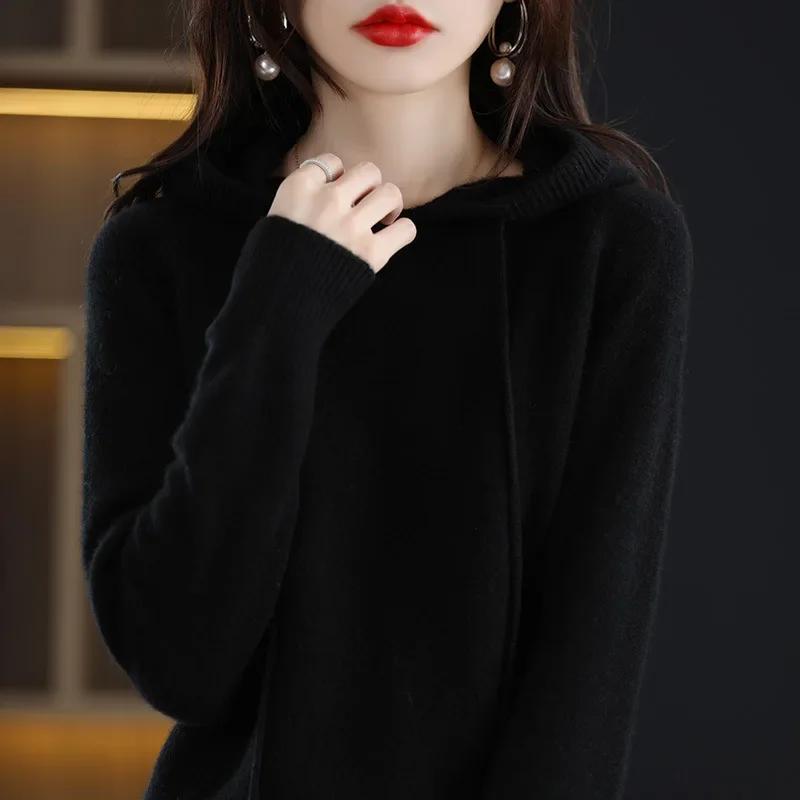 Pull à capuche pour femme, pull coréen ample, solide, manches longues, décontracté, automne hiver, épais, chaud, tricoté