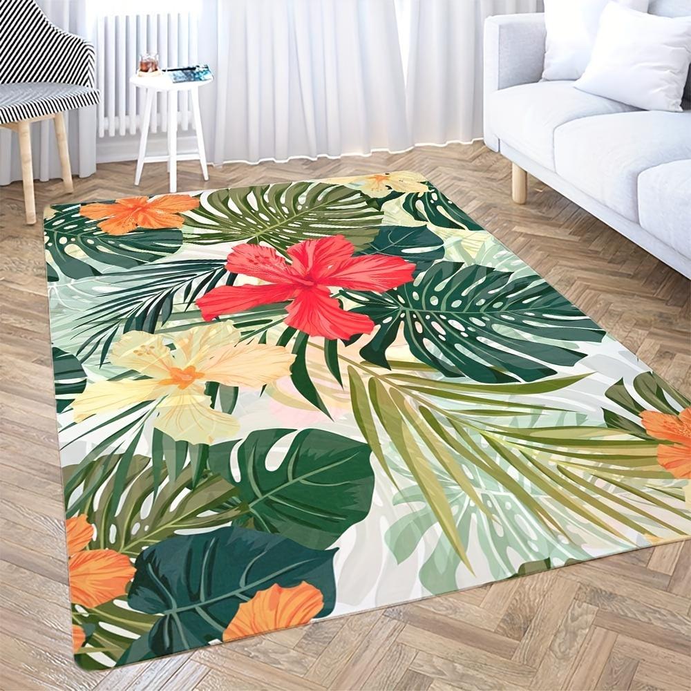 

1pc Comfortable Crystal Velvet Rug][Machine Washable] Tropical Leaf And Hibiscus Flower Mat - Vibrant 50x80cm