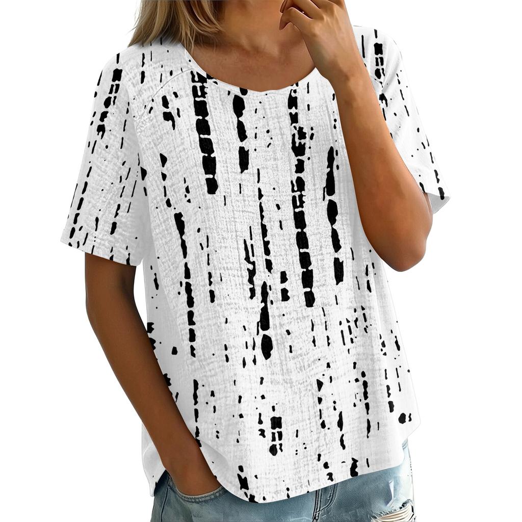 Women's Vintage Print Short Sleeve Top - Round Neck, Cotton Linen Fabric