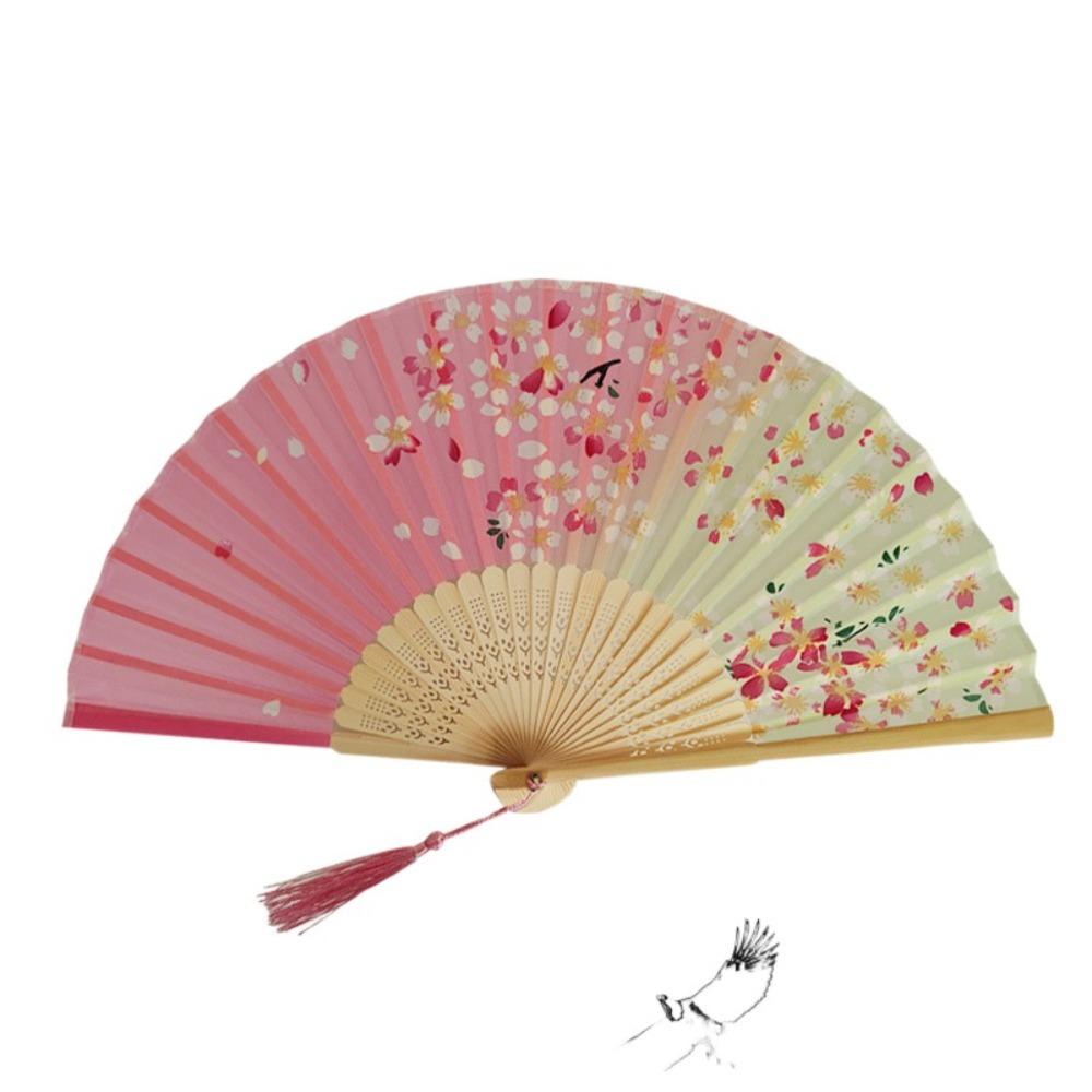 Flower Pattern Classical Folding Fan Tassel Cloth Art Chinese Style Fan Wooden handle Retro Classical Dancing Fan