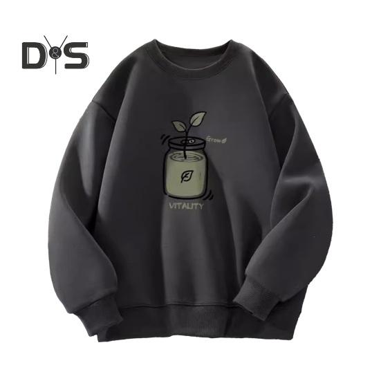 Осень-зима мужской топ с круглым вырезом свободный чистый цвет растительный принт эластичные манжеты пуловер средней длины спортивная повседневная одежда школьная толстовка M чёрный 1673₽