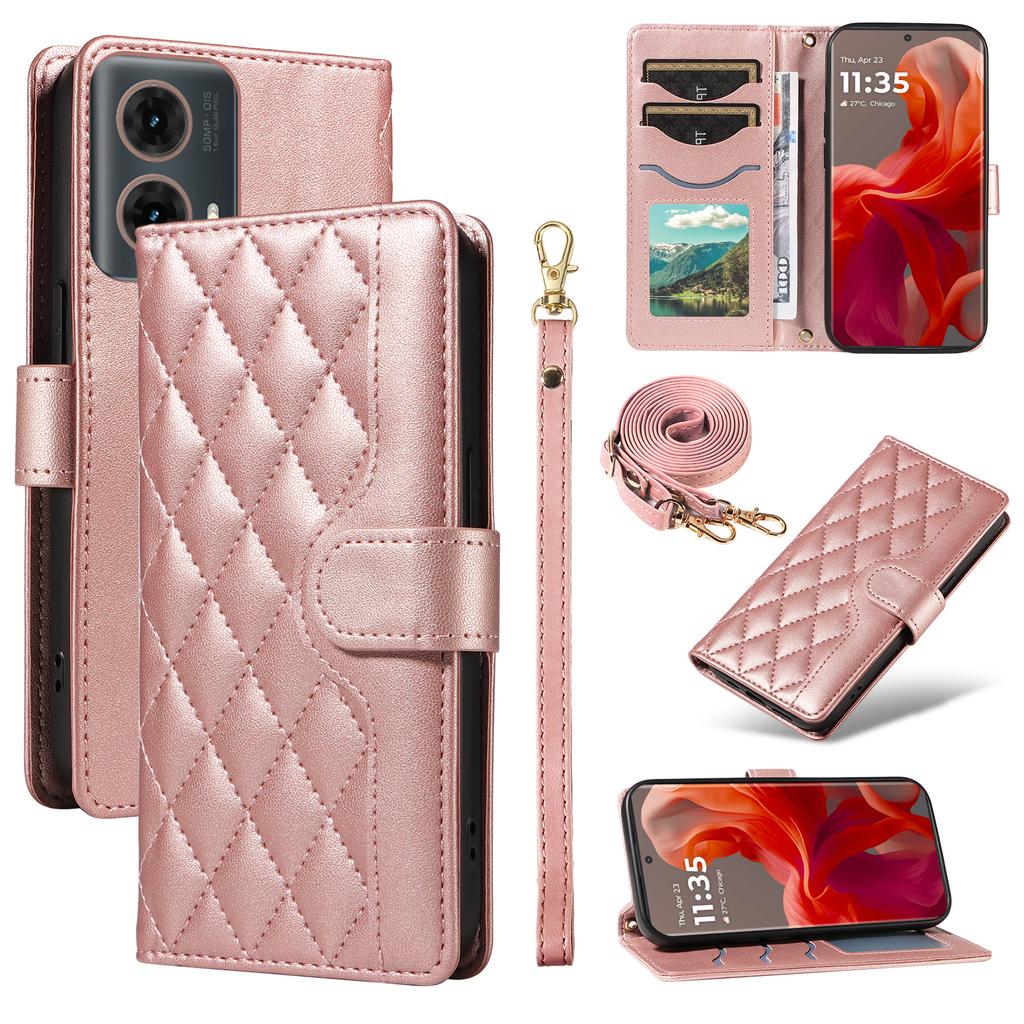 For Motorola Edge 50 Fusion 5G Case Wallet Rhombus Leather Phone Cover with Shoulder Strap,Wrist Strap