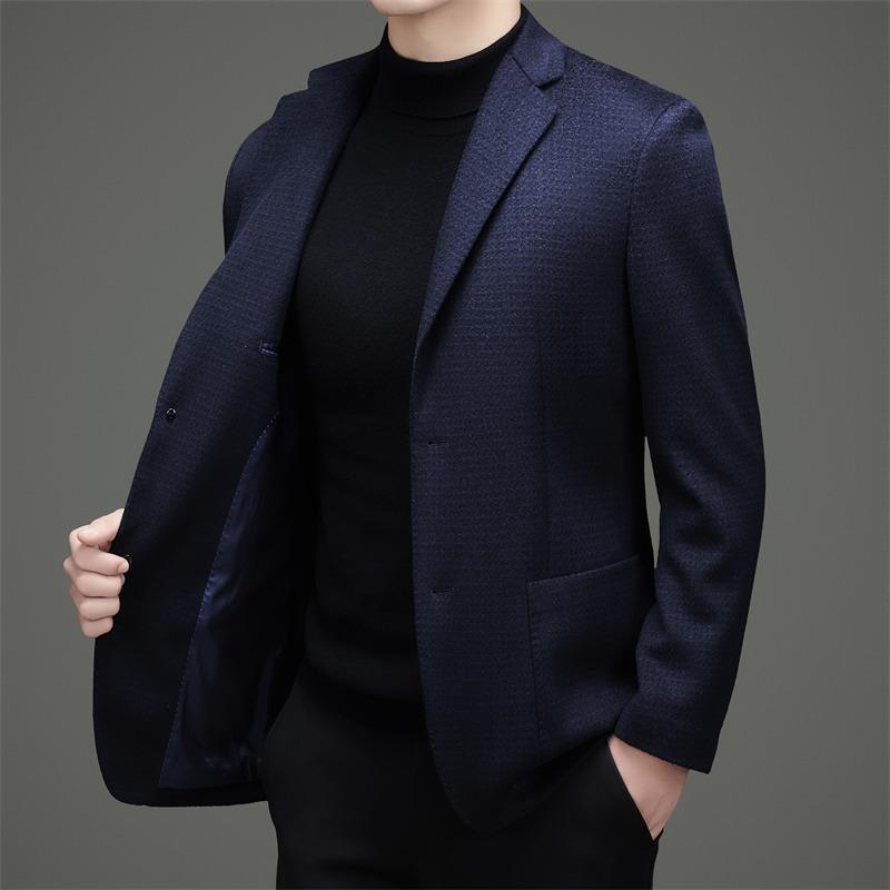 90% Wool 10% Cashmere High-end Business Casual Men's Wool Suit Autumn and Winter Blue Plaid Coat