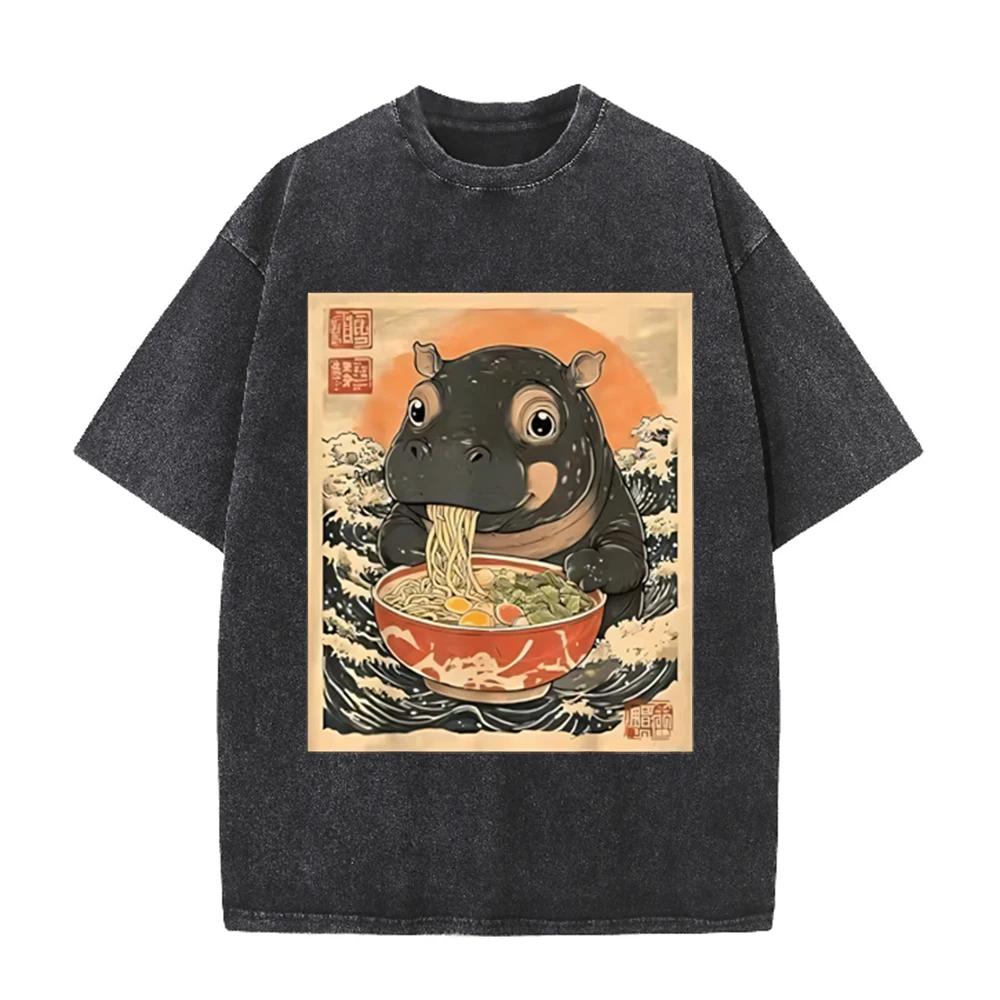 2026 Hippo Eating Ramen Ukiyoe T Shirt Vintage Washed Beige Graphic Tee Unisex Casual Japanese Top