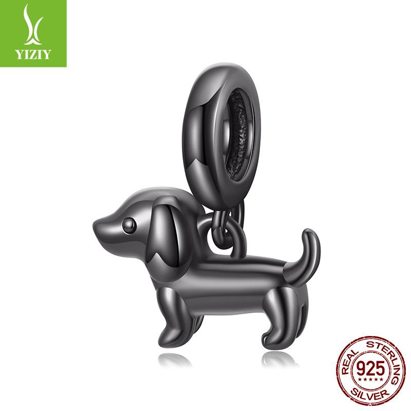 Black Dachshund Diy Pendant Accessories, Cute Animal S925 Sterling Silver Plated With Black Gold Beads.