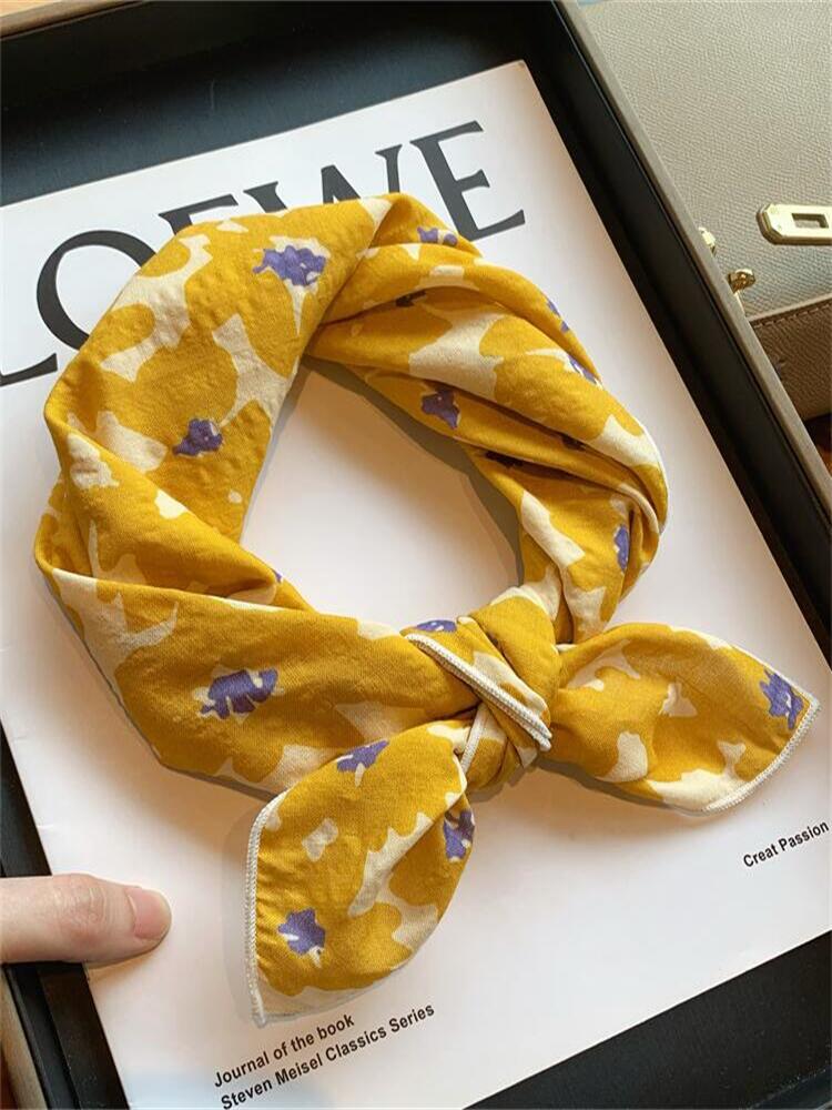 Japanese Harajuku Cotton Small Square Scarf New Korean Silk Scarf Headband Women's Spring and Autumn Floral Scarf Scarf Neck Protector Scarf