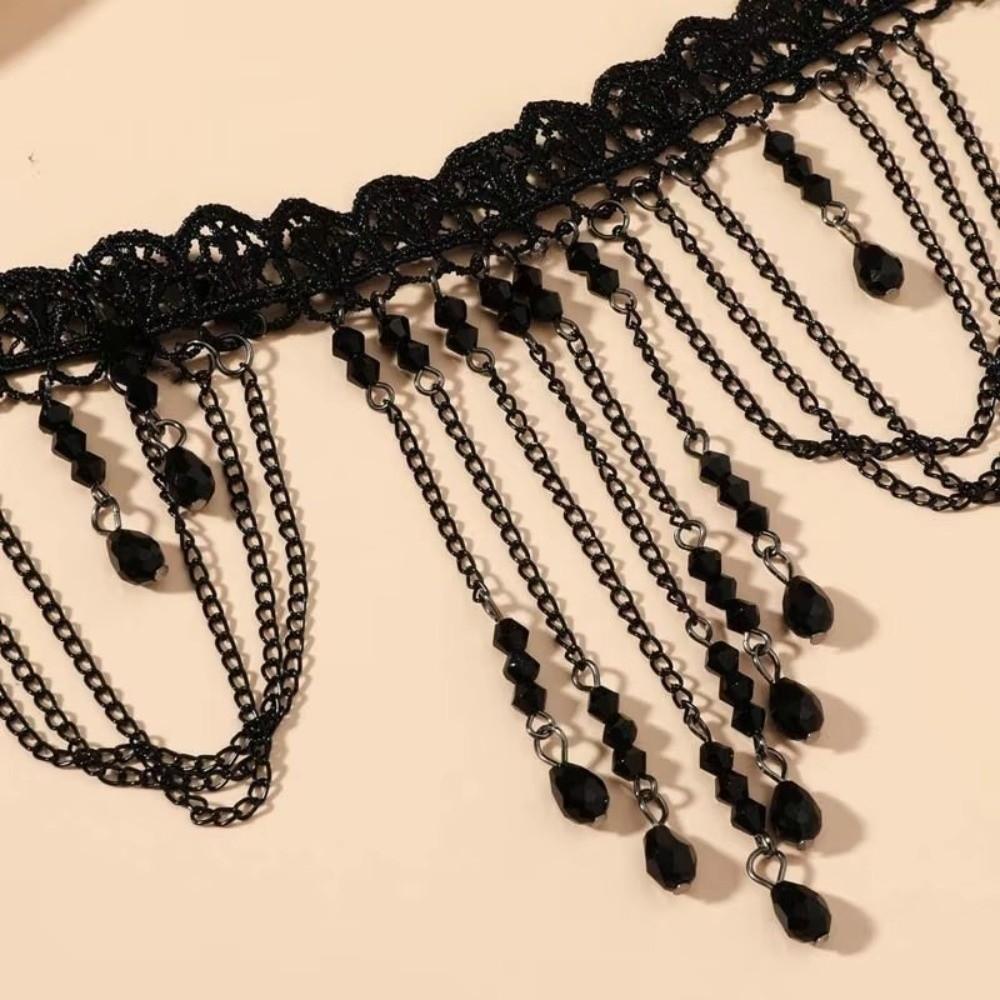 Black Lace Pendant Necklace Tassel Drop Beaded Necklace Fashion Choker Necklace Women