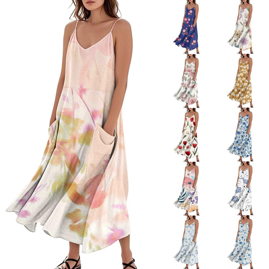 Women's Casual V Neck Floral Print Sleeveless Pocket Suspender Dress