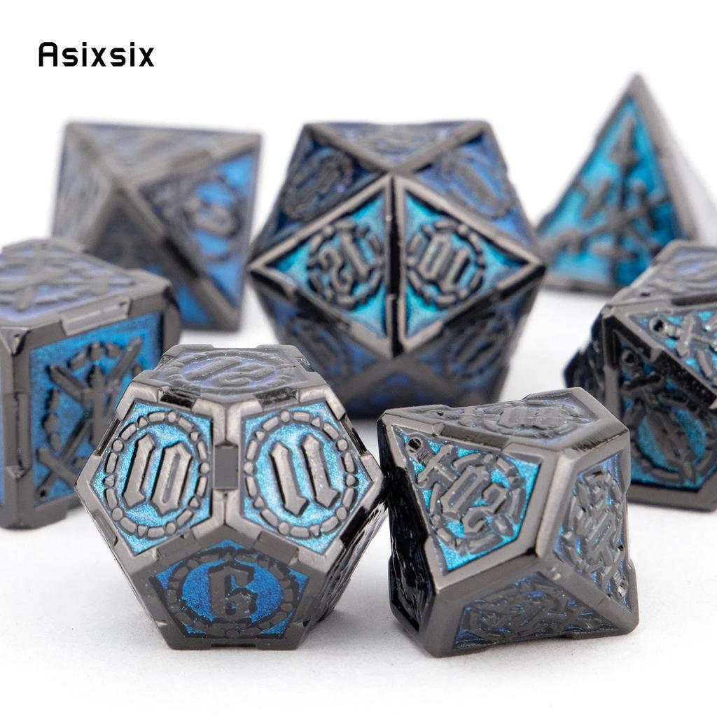 7 Pcs Blue Silver Double Swords Metal Dice Solid Polyhedral Dice Set Suitable For Role-Playing Dice PropBoard Game
