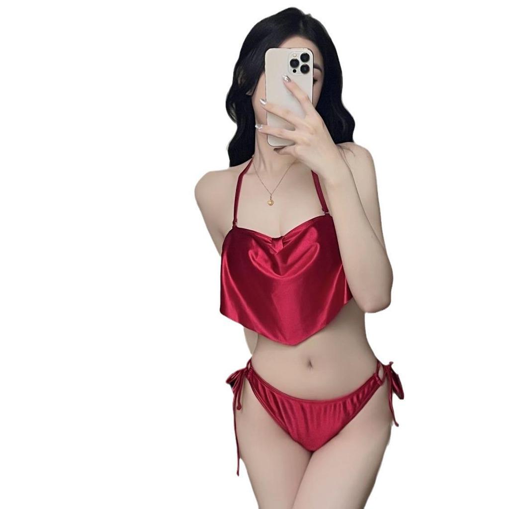 Satin Burgundy Three-Piece Bikini Set with Whitening Effect for Women