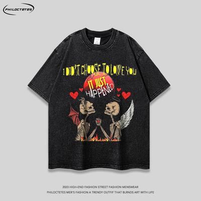 Unisex Retro Skull Print Oversized Cotton Tee Streetwear Hip Hop Casual T-Shirt