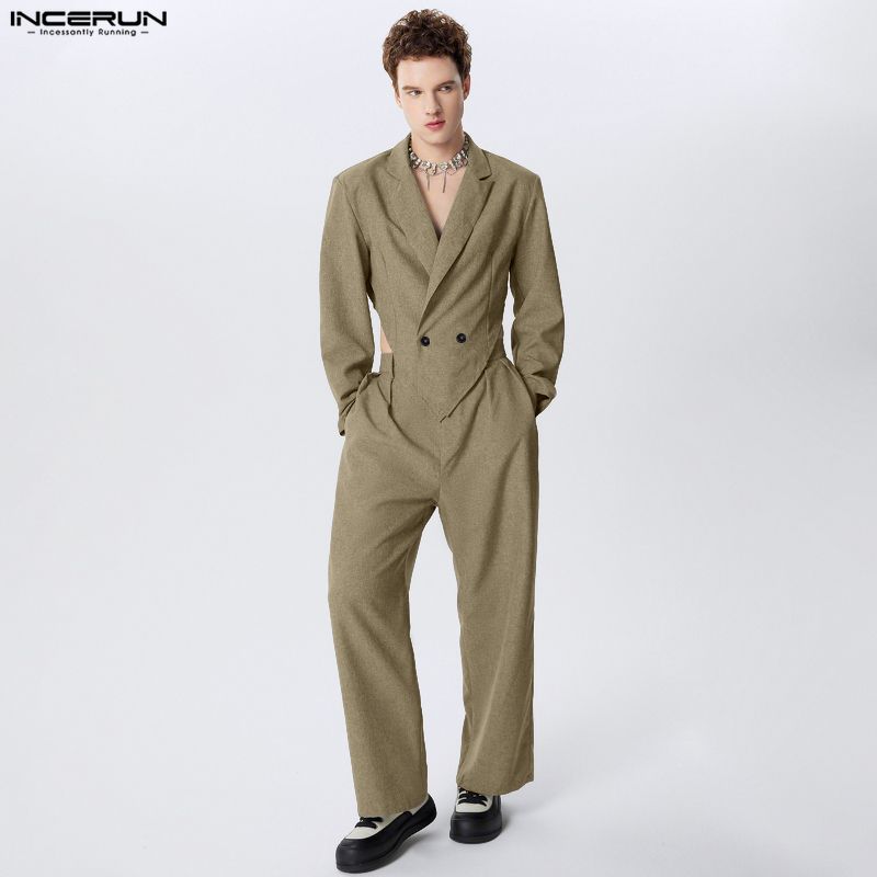 INCERUN 2PCS Men Long Sleeve Irregular Cropped Blazer and Long Pants Casual Loose Sets