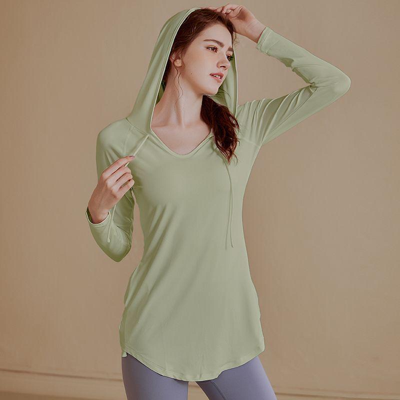Top de entrenamiento con capucha de manga larga ajustado para mujer Otoño Primavera Cintura Alta Holgado Camisa de Fitness para Correr Yoga Gimnasio