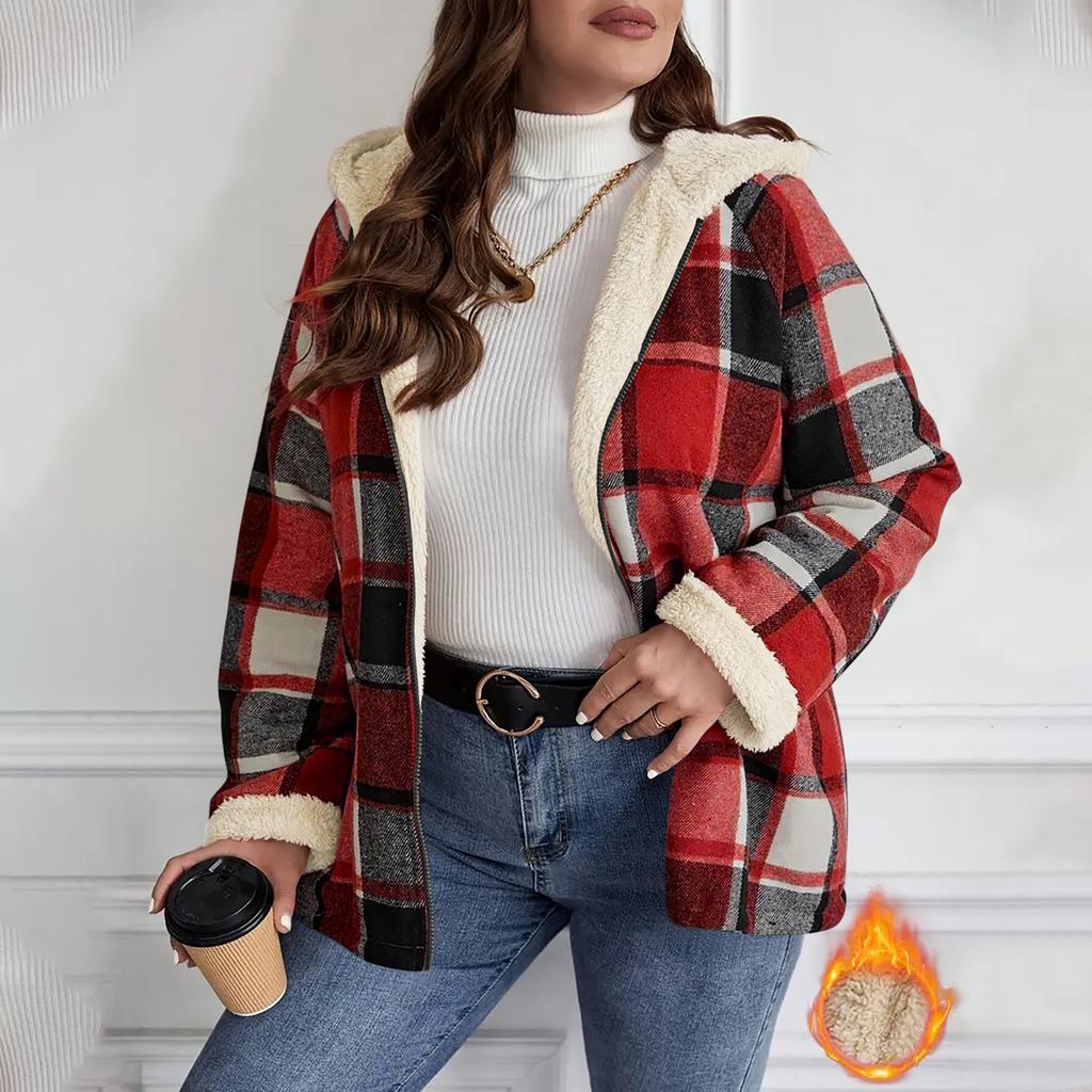 Women's Winter Plaid Hooded Jacket with Warm Plush Lining, Full-Zip Closure and Long Sleeves for Casual Daily Wear