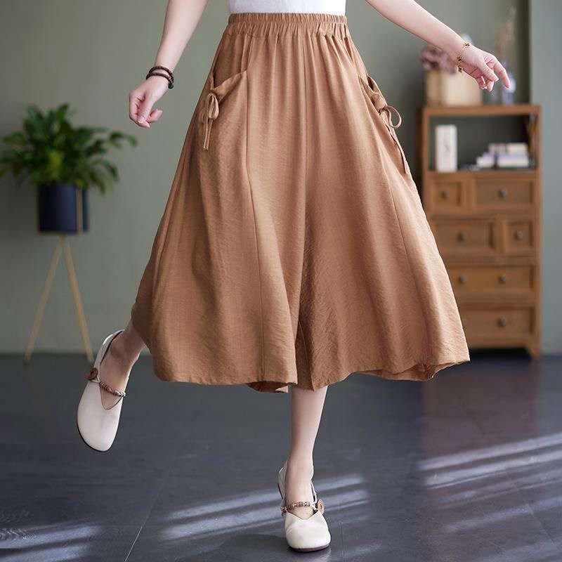 Women's Nylon Wide-Leg Elastic Waist Pants - Summer 2026 Collection, Loose Fit, Plus Size, Solid Color, Flare Skirt Style, Casual Cropped Length.