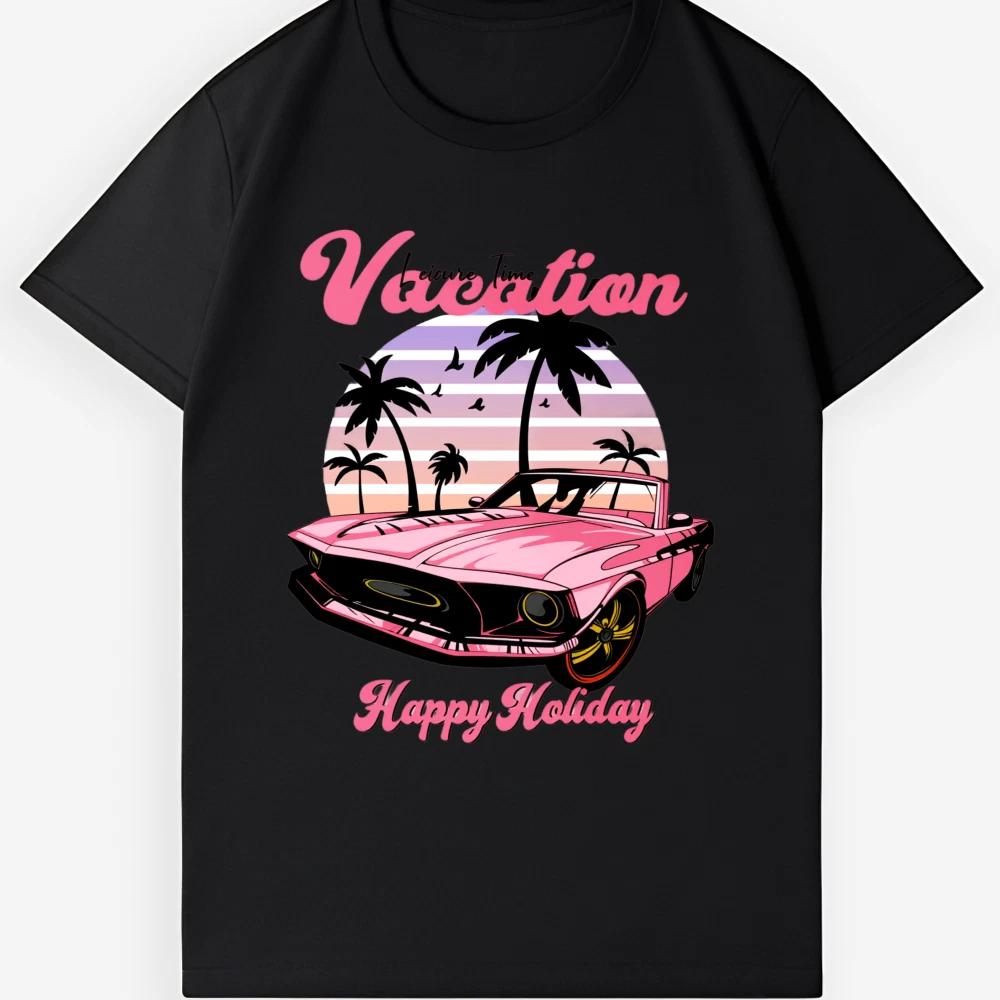 Retro Pink Muscle Car Vacation T-Shirt - Unisex 80s Beach Casual Tee
