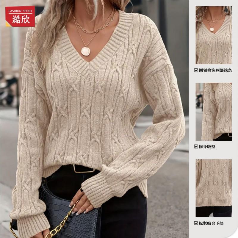 Womens Winter V-Neck Knit Sweater Loose Fit Cable Ribbed Solid Color Casual Chic Top