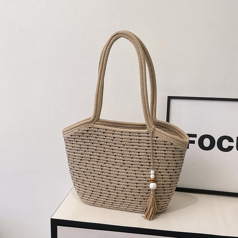 Woven cotton woven bag large capacity 2025 new summer versatile shoulder seaside vacation beach tote bag