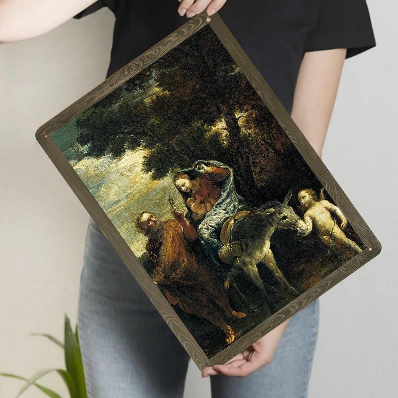 

Vintage Religious Oil Painting Style Metal Wall Art Holy Family Flight to Egypt Home Decor 20x30cm（7.8x11.8inch）