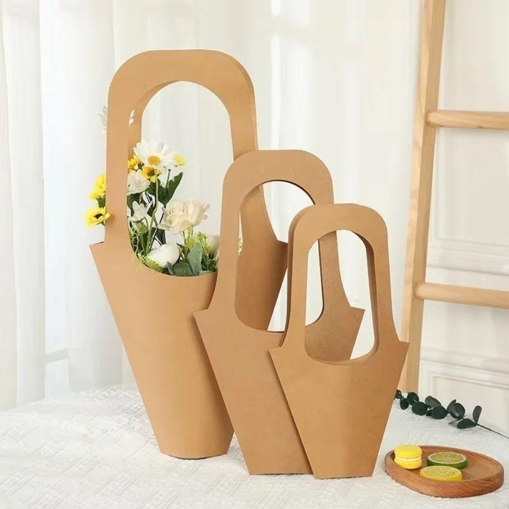 10Pcs Handheld Flower Basket Kraft Paper Tote with Handle Flower Paper Box Valentine Day Gift Tote