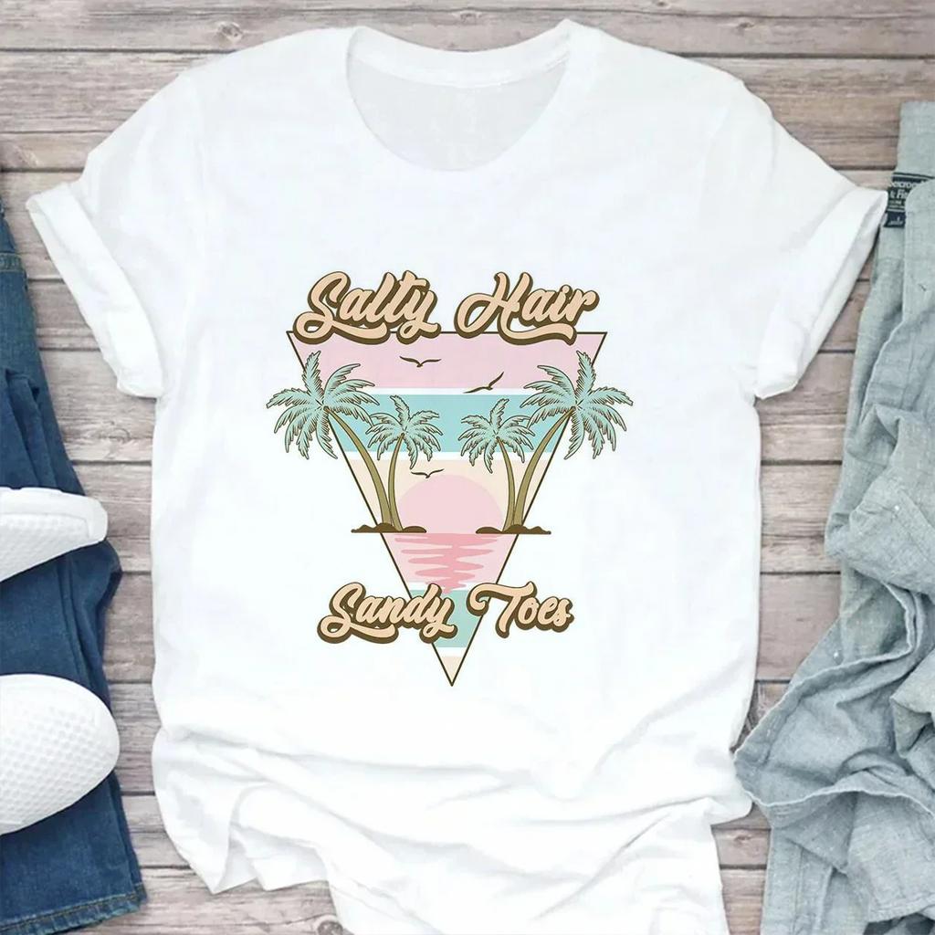 Fashion Women's T-shirt Summer Beach Print Cute Short Sleeve Ladies Fashion Casual Summer Women's T-shirt Graphic