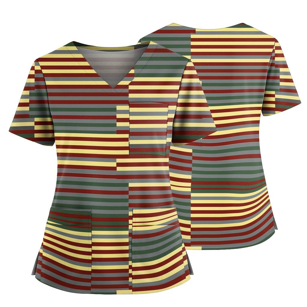 Damski casualowy top z nadrukiem z dekoltem w serek, kieszenią i rozcięciem po bokach, z krótkim rękawem