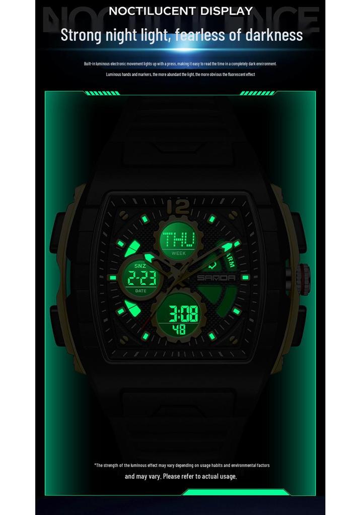 Sanda Men's Sports Barrel-Shaped Luminous Countdown Watch with Triple Time Zone and Dual Display, Waterproof Design.
