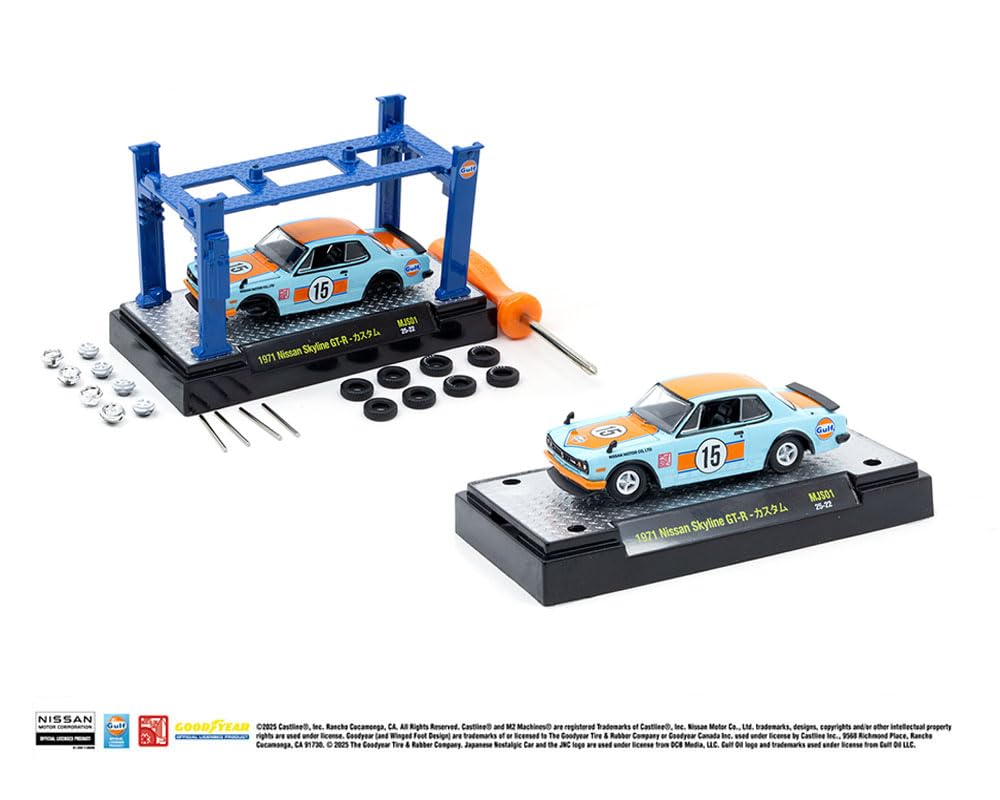 M2 Machines Scale Nissan Skyline 2000 1971 Gulf Lift with Tire and Wheel Set Mijo 1/64 GT-R 4-Post (Skyline Exclusive)