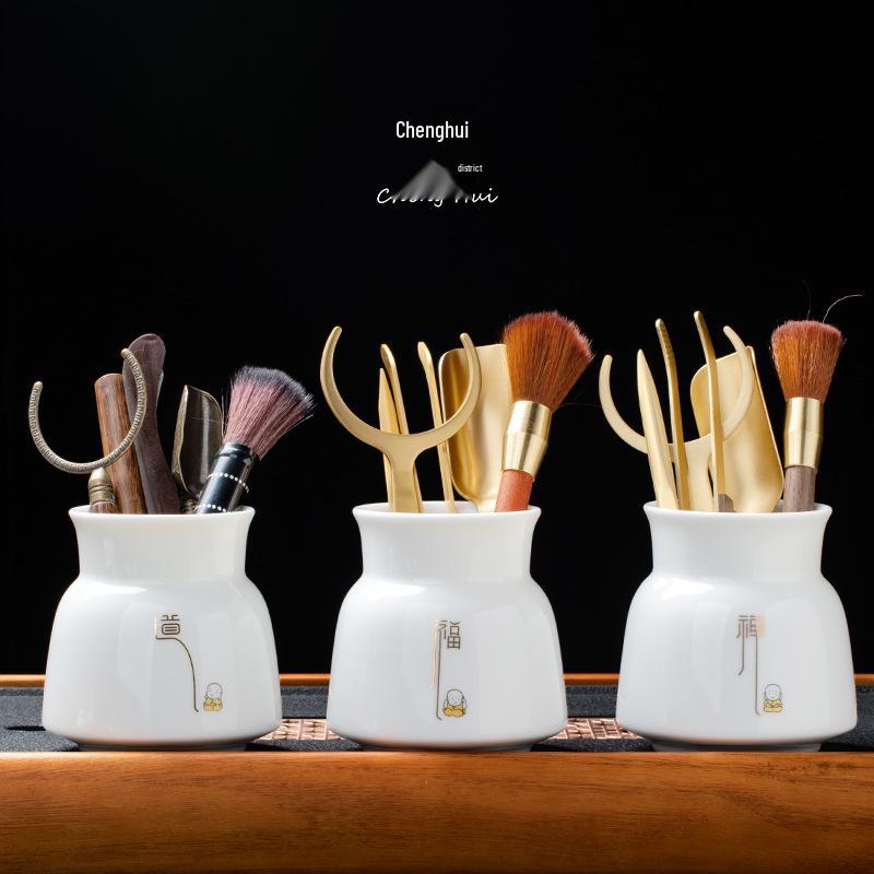 Zen Style Porcelain Tea Ceremony Set: Mutton Fat Jade & Copper Gongfu Tools - 6 Gentlemen